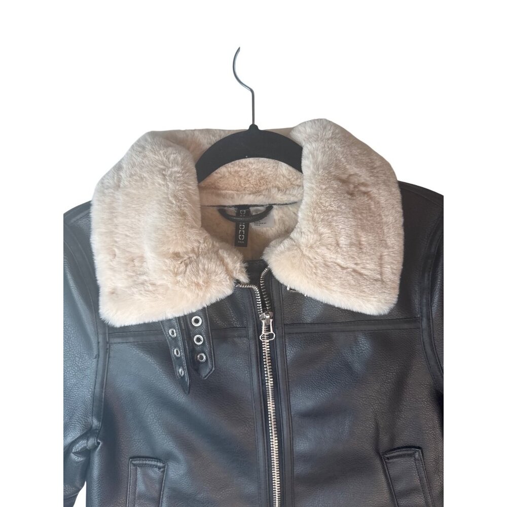 H&M Womens XS Black Faux Leather & Cream Faux Fur Trim Jacket - Picture 8 of 15